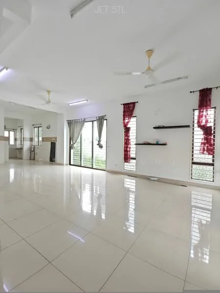 Living features: white painted walls, glossy ceramic tile flooring, 5-blade ceiling fan with light, 2 ceiling fans, large windows with horizontal slats, sheer curtains, red drapes, wall-mounted shelf, open layout, natural light, view of greenery; style: modern; view: garden.