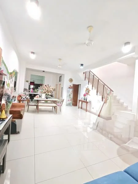 Living features: white painted walls, glossy tile flooring, 5-blade ceiling fan, recessed downlights, large windows for natural light, open layout, decorative wall art, dining table with chairs, sofa, staircase leading to upper floor; style: modern.