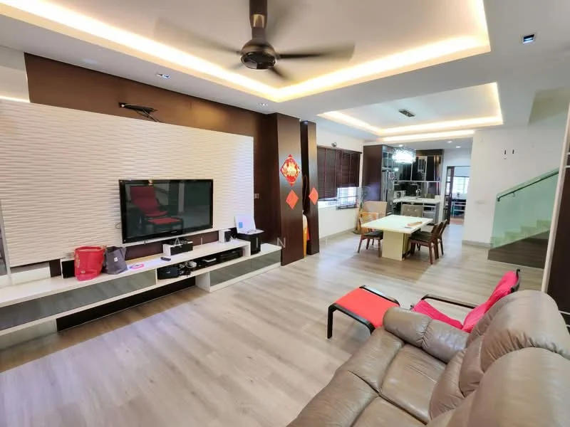 Living features: light brown leather sofa, 3-seater sofa, coffee table, wall-mounted TV, white feature wall with textured paneling, wooden flooring, ceiling fan, recessed LED downlights, decorative wall art, open-plan layout to dining area; style: modern. Dining features: dining table for 6, wooden dining chairs, light fixture above table, open layout to living area, large windows for natural light; style: modern.