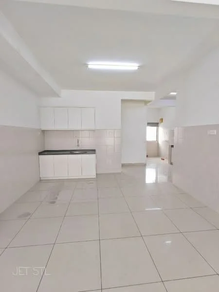 Kitchen features: white cabinetry, black countertop, ceramic tile flooring, white tiled walls, single-bowl stainless-steel sink, chrome faucet, recessed ceiling lights, open layout; style: modern.