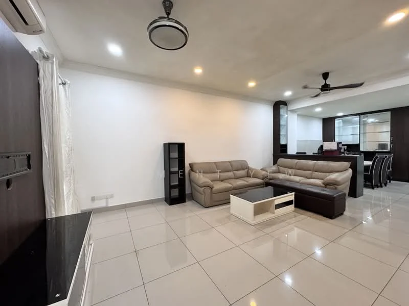 Living features: 3-seater leather sofa in brown, 2-seater leather sofa in beige, coffee table with black top and white base, wall-mounted TV unit, ceramic tile flooring, recessed downlights, ceiling fan, white painted walls, large windows with sheer curtains; style: modern.