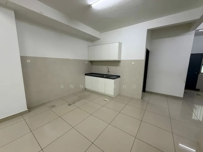 Kitchen features: white cabinetry, black countertop, single-bowl stainless-steel sink, chrome faucet, ceramic tile flooring, light grey tiled walls, fluorescent ceiling light, wall-mounted cabinets; style: modern.