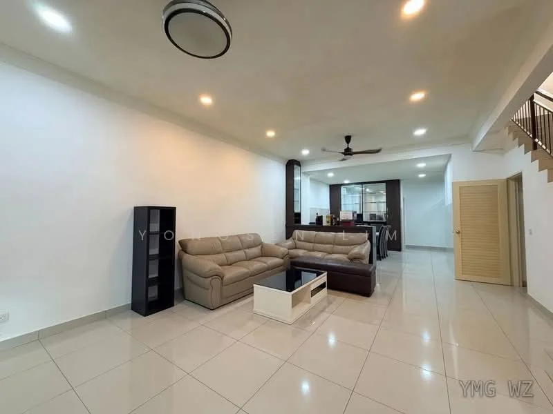 Living features: 3-seater leather sofa in beige, 2-seater leather sofa in beige, coffee table with black top, TV console, wall-mounted TV, recessed downlights, ceiling fan, white painted walls, glossy ceramic tile flooring, open layout to kitchen, built-in cabinetry in background, staircase visible in background; style: modern.