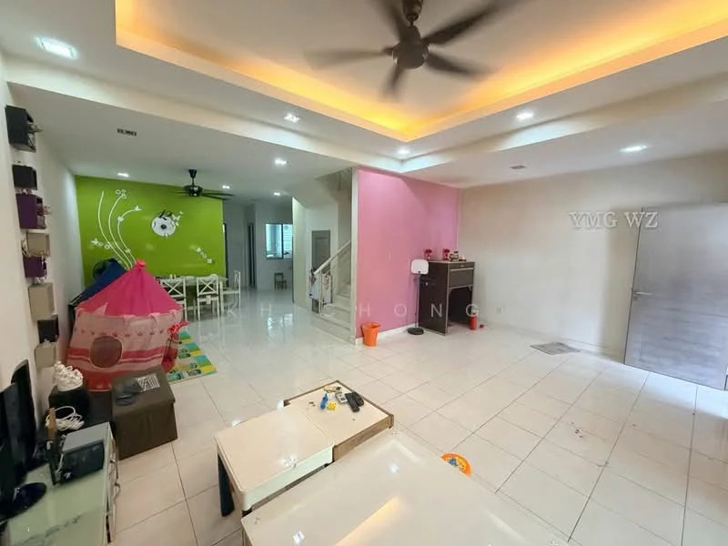 Living features: white tiled flooring, recessed ceiling lights, 5-blade ceiling fan, green accent wall with panda mural, pink accent wall, white walls, large windows, open layout, TV console, coffee table, play area with colorful mat, dining area with white chairs, decorative items on shelves; style: modern.
