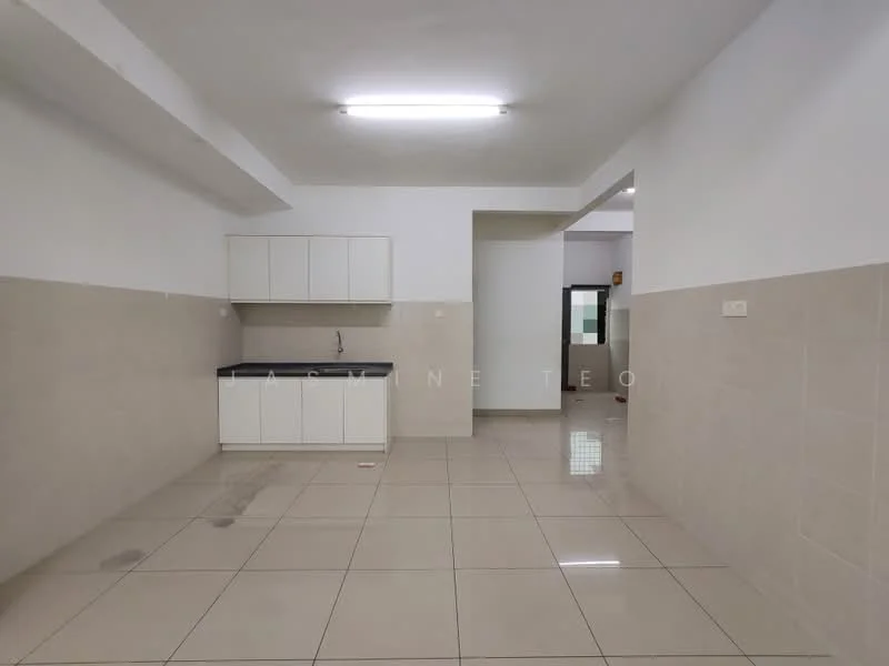 Kitchen features: white cabinetry, black countertop, single-bowl stainless-steel sink, chrome pull-down faucet, ceramic tile flooring, white painted walls, recessed downlights, open layout; style: modern. Room features: ceramic tile flooring, white painted walls, open layout.