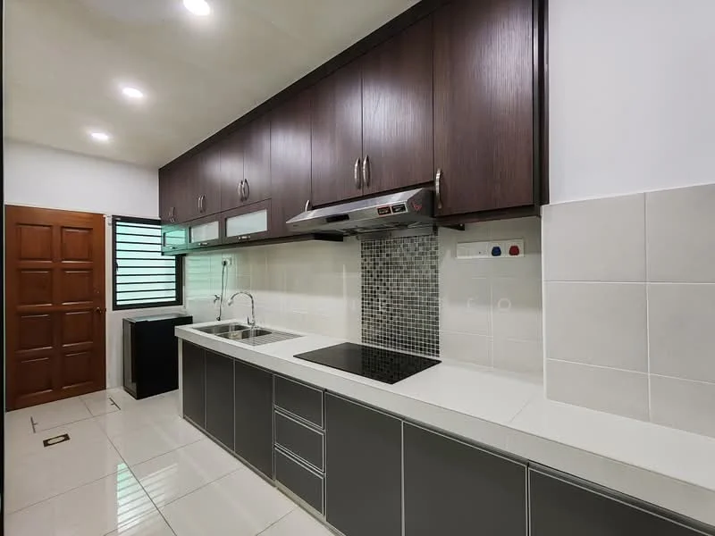 Kitchen features: dark wood cabinetry, white quartz countertop, double-bowl stainless-steel sink, chrome pull-down faucet, built-in stove with induction cooktop, mosaic tile backsplash, white tiled walls, glossy ceramic tile flooring, recessed LED downlights, sliding glass door, kitchen ventilation hood; style: modern.
