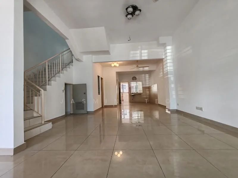 Living features: white painted walls, polished ceramic tile flooring, ceiling fan with light, recessed downlights, large windows for natural light, open layout, staircase leading to upper floor, wall-mounted air conditioning unit; style: modern. Dining features: open layout to living area, natural light from windows, adjacent to kitchen area; style: modern.