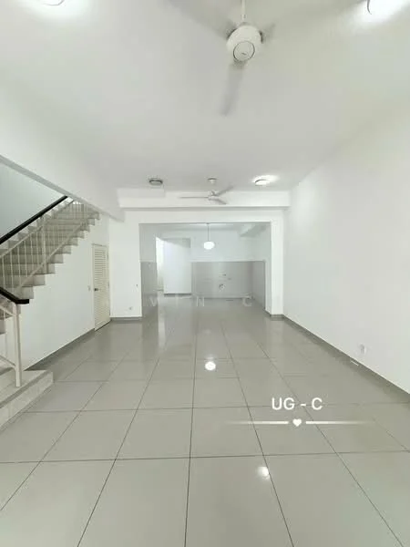 Living features: white painted walls, glossy ceramic tile flooring, ceiling fan, recessed downlights, large open space, staircase leading to upper level, neutral color scheme, no visible furniture; style: modern.