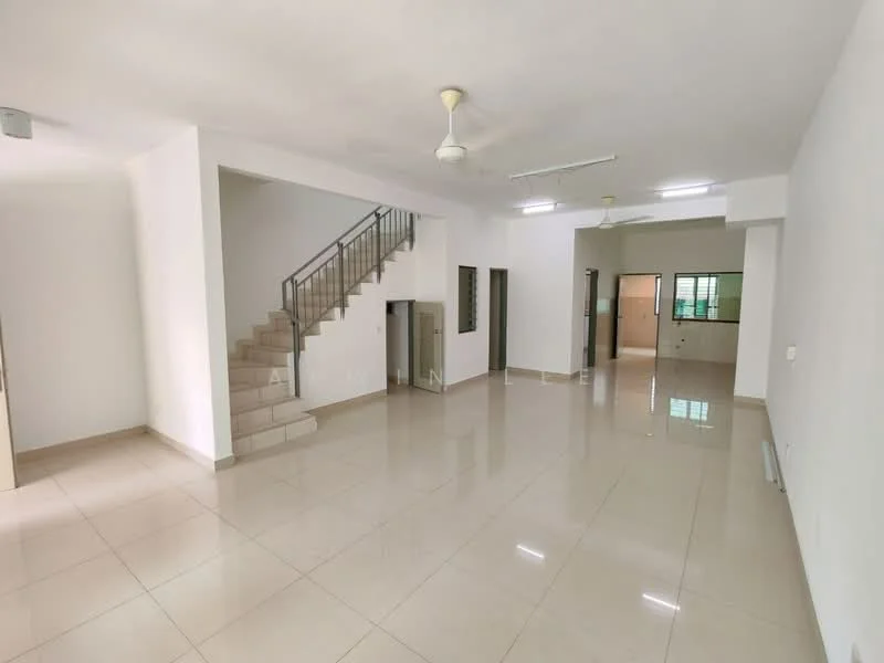 Living features: white painted walls, glossy ceramic tile flooring, 5-blade ceiling fan with light, staircase with metal railing, large windows, natural light, open layout, neutral color scheme; style: modern. Room features: white painted walls, glossy ceramic tile flooring, large windows, natural light.