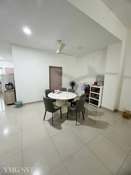 Dining features: round dining table, 4 upholstered dining chairs, ceiling fan, white painted walls, tile flooring, built-in cabinet, wall-mounted fan; style: modern.
