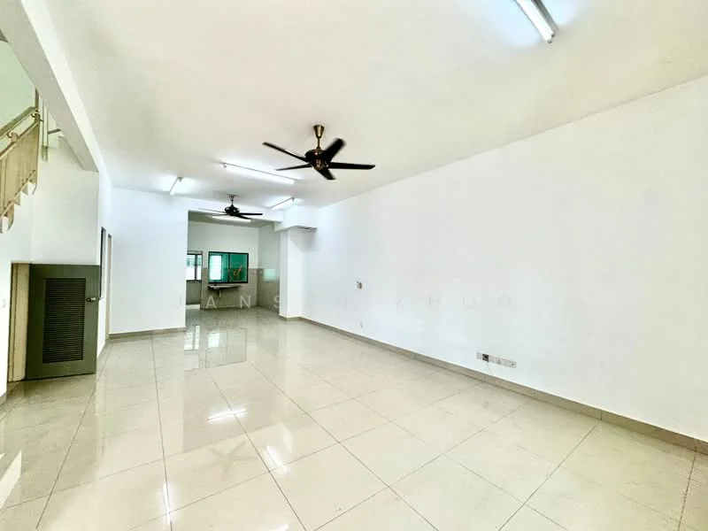 Living features: white painted walls, glossy ceramic tile flooring, 2 ceiling fans, recessed LED downlights, large windows, open layout, no visible furniture, neutral color scheme; style: modern.