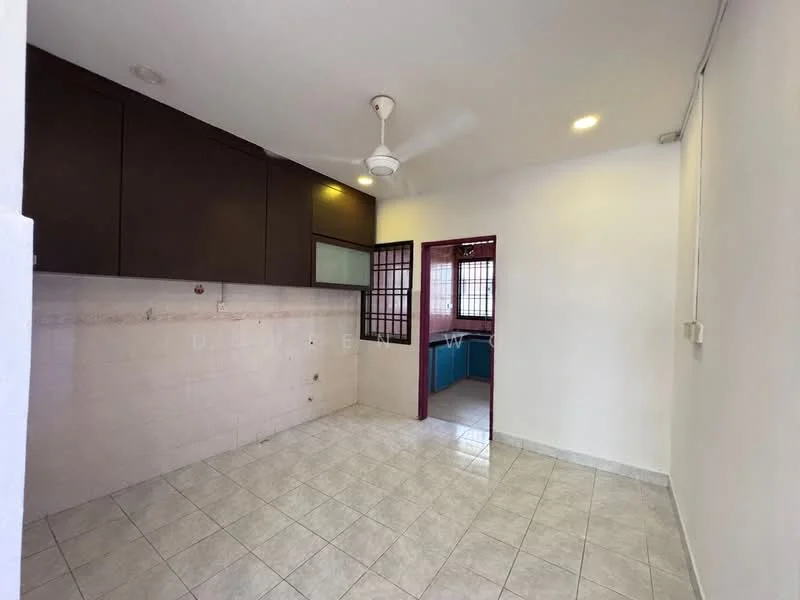 Kitchen features: light grey ceramic tile flooring, white painted walls, dark wood cabinetry, single-bowl stainless-steel sink, chrome pull-down faucet, wall-mounted ceiling fan, recessed downlights, window with grid pattern, open layout, countertop space, kitchen area with blue cabinetry; style: modern.