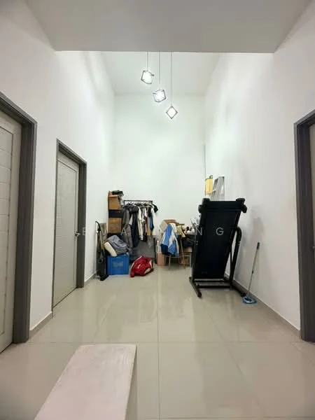 Room features: white painted walls, glossy tile flooring, recessed ceiling lights, two doors, clothing rack, exercise treadmill, blue storage box, red bag, wooden chair; style: modern.