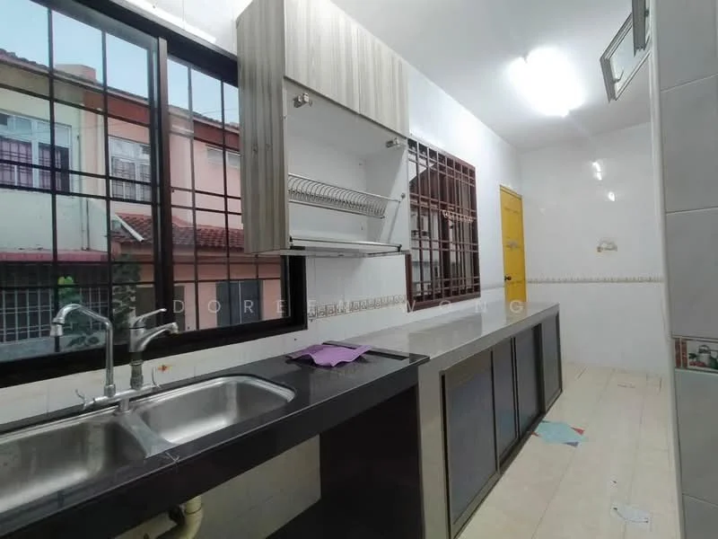 Kitchen features: double-bowl stainless-steel sink, chrome pull-down faucet, black countertop, wood cabinetry with grey finish, open shelving, wall-mounted rack, white tiled walls, light-colored tiled flooring, large window with metal grille, yellow door, recessed ceiling lights; style: modern.
