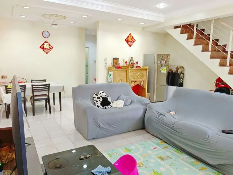 Living features: grey fabric sofa, coffee table, TV console, wall-mounted TV, area rug with cartoon pattern, recessed downlights, white painted walls, tile flooring; style: modern. Dining features: 6-seater dining table, black dining chairs, white tablecloth, decorative wall art, wall clock; style: modern. Room features: staircase with white railing, refrigerator, decorative items on shelves.