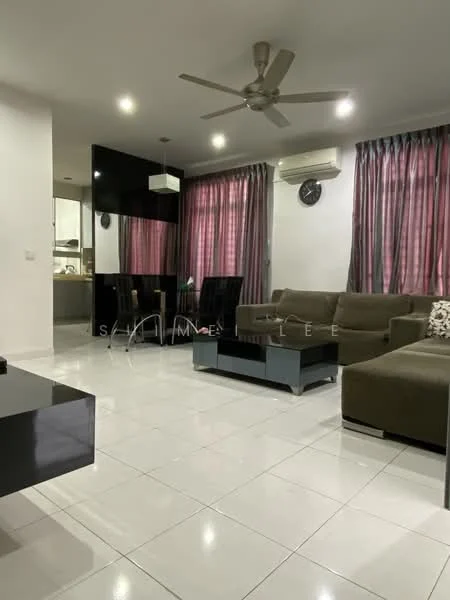 Living features: 5-blade ceiling fan with light, sofa in dark grey, coffee table with black surface, wall-mounted TV, white tiled flooring, curtains in dark grey, decorative cushions, air conditioning unit, wall clock, open layout to kitchen, glass dining table with black chairs; style: modern.
