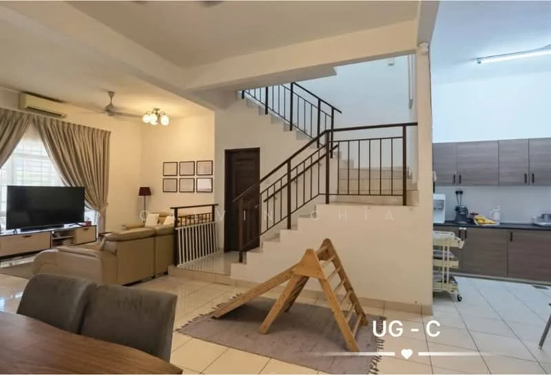Living features: cream painted walls, white ceiling, 5-blade ceiling fan with light, floor-to-ceiling windows with sheer curtains, 3-seater fabric sofa in beige, coffee table, TV console, wall-mounted TV, area rug, dining table with chairs; style: modern. Kitchen features: brown cabinetry, stainless-steel sink, built-in oven, freestanding range oven, microwave, ceramic tile flooring; style: modern. Room features: staircase with metal railing, tile flooring.