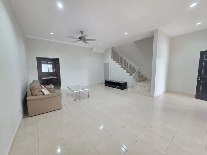 Living features: cream painted walls, tile flooring, 5-blade ceiling fan with light, sofa in beige, glass coffee table, TV console in black, staircase leading to upper floor, natural light from windows; style: modern.