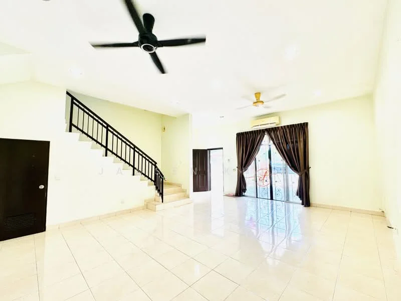 Living features: cream painted walls, white ceiling, 5-blade ceiling fan with light, floor-to-ceiling sliding glass door, dark brown curtains, marble tile flooring, staircase with black railing, air conditioning unit; style: modern; view: garden.