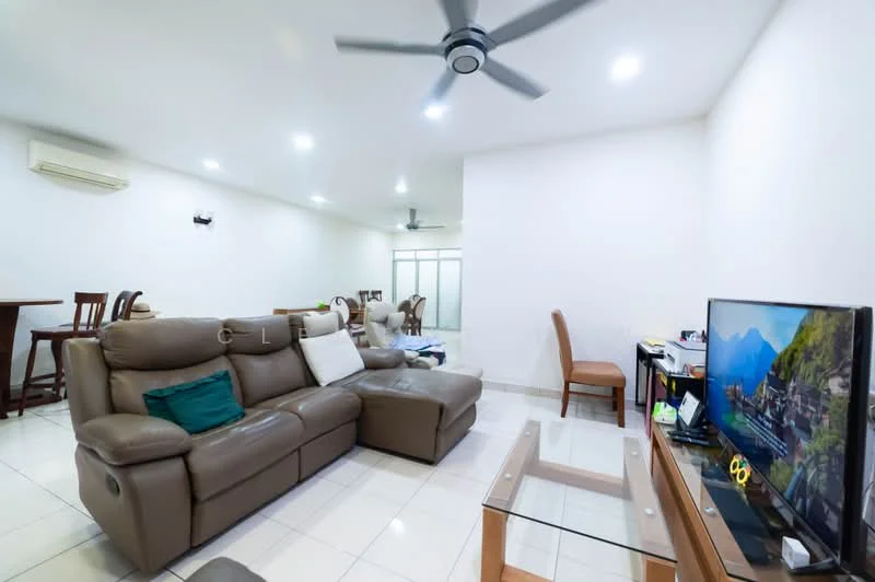 Living features: 3-seater leather sofa in brown, glass coffee table, wall-mounted TV, wooden TV console, ceiling fan, wall-mounted air conditioning unit, white painted walls, tile flooring, decorative chair, dining table in background, open layout; style: modern.