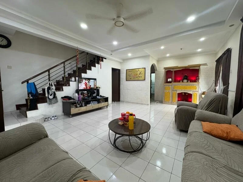 Living features: white tiled flooring, ceiling fan, sofa in beige fabric, coffee table, wall-mounted TV, TV console, decorative wall unit with lighting, large windows with dark curtains, staircase with wooden railing, wall clock, decorative artwork on wall; style: modern.