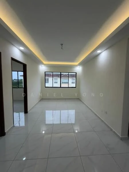 Room features: white painted walls, glossy white tile flooring, recessed downlights, LED strip lighting on ceiling, large windows, view of exterior, smooth ceiling, doorway leading to another room; style: modern; view: garden.