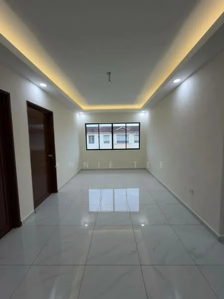 Room features: white painted walls, marble tile flooring, recessed LED downlights, cove lighting, large windows, wooden door, smooth ceiling, neutral color scheme; style: modern.