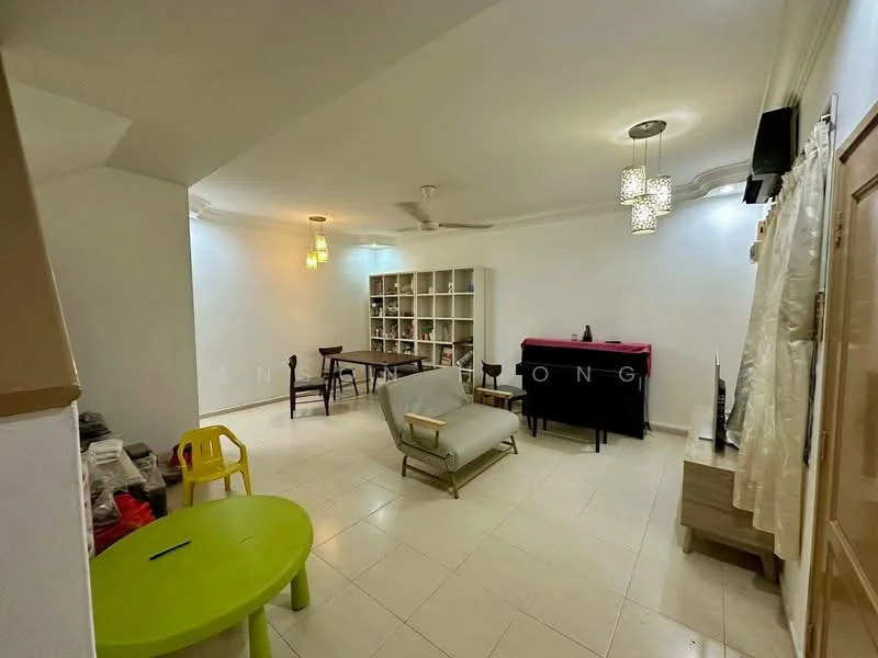 Living features: white painted walls, tile flooring, 2 ceiling fans, 2 pendant lights, sofa, coffee table, bookshelf, dining table, chairs, TV console, curtains, wall-mounted TV; style: modern.