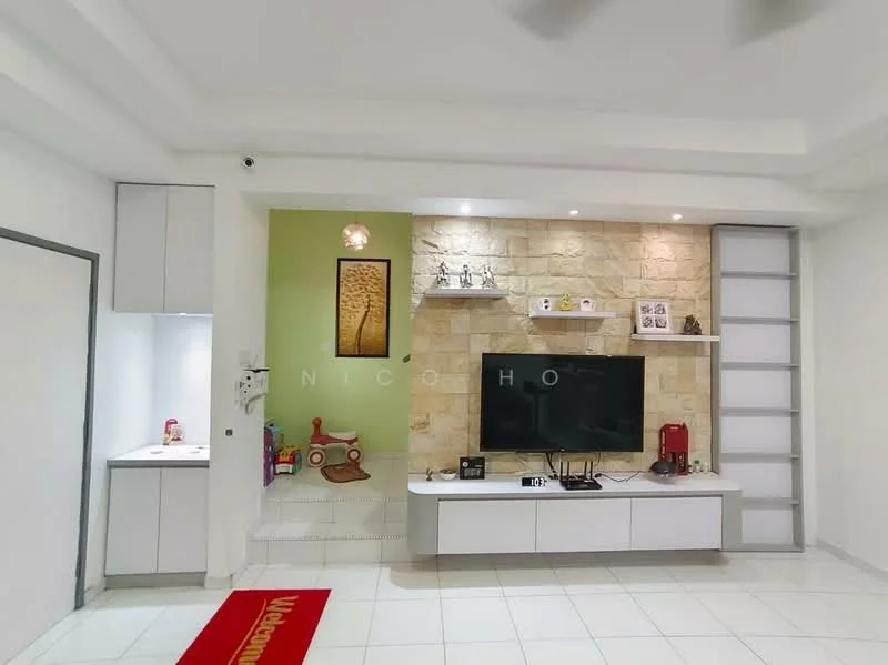 Living features: white painted walls, cream tiled flooring, recessed ceiling with downlights, built-in TV console with storage, stone feature wall, wall-mounted TV, decorative shelf with ornaments, ceiling fan, area rug, open layout to adjacent space; style: modern. Room features: white cabinetry, small countertop, refrigerator, toy storage, decorative wall art.