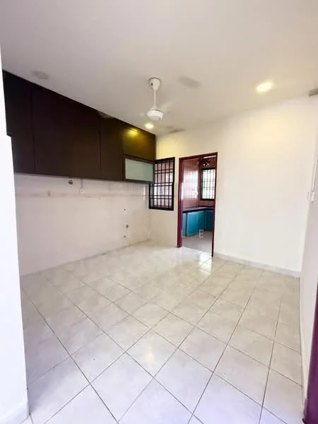 Room features: white painted walls, cream tiled flooring, ceiling fan, built-in cabinets in dark wood, open layout, window with grid design, doorway leading to another room; style: modern.