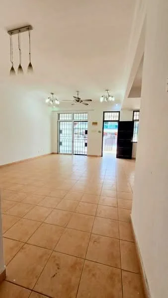 Living features: cream tiled flooring, white painted walls, 5-blade ceiling fan with light, 2 pendant lights, floor-to-ceiling windows, sliding glass door, open layout, natural light, built-in shelving unit, access to outdoor area; style: modern; view: garden.