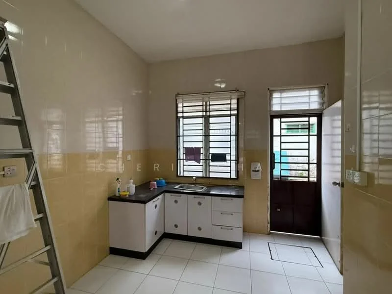Kitchen features: white tiled walls, cream tiled backsplash, black countertop, single-bowl stainless-steel sink, chrome pull-down faucet, white cabinetry with flat-panel design, window with horizontal slats, door leading outside, white tiled flooring, metal ladder, wall-mounted towel rack; style: modern.