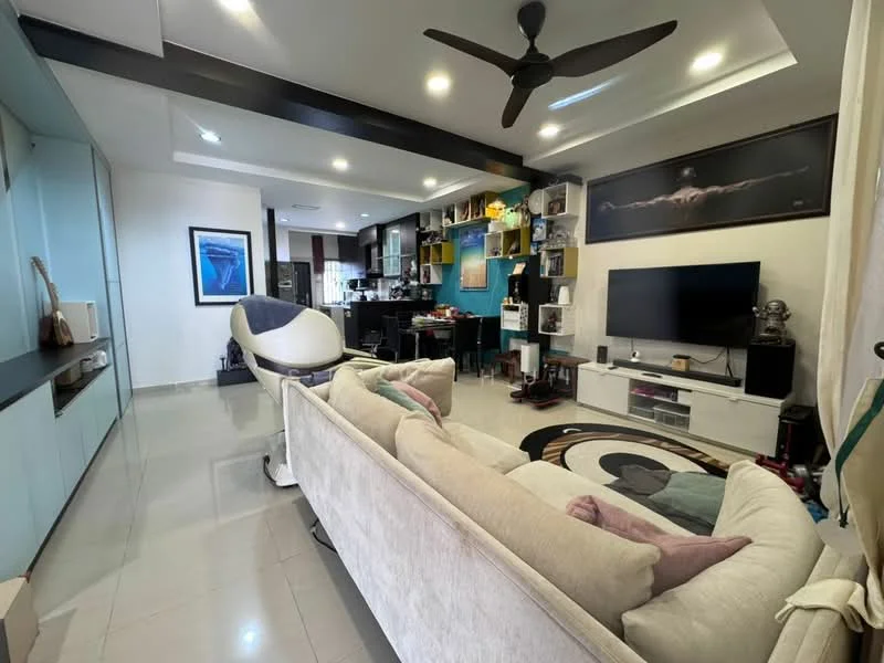 Living features: 3-seater fabric sofa in beige, area rug with circular pattern, wall-mounted TV, TV console with storage, ceiling fan with light, recessed downlights, decorative wall art, open shelving with decorative items, large windows with sheer curtains, polished tile flooring; style: modern. Kitchen features: black cabinetry, stainless-steel appliances, kitchen island with seating, open layout to living area, refrigerator, built-in oven, 4-burner gas hob, microwave, ceramic tile backsplash; style: modern.