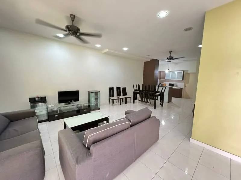 Living features: 2-seater fabric sofa in grey, 3-seater fabric sofa in grey, coffee table, TV console, wall-mounted TV, ceiling fan, white painted walls, glossy white tile flooring, recessed downlights, area rug, glass display cabinet; style: modern. Dining features: 6-seater dining table, black dining chairs, ceiling fan, white painted walls, glossy white tile flooring; style: modern.