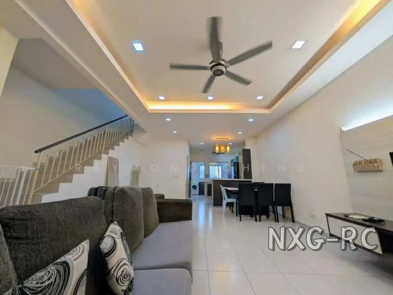 Living features: 3-seater fabric sofa in grey, decorative cushions, ceiling fan with integrated LED light, recessed downlights, white painted walls, tile flooring, open layout, dining area visible, staircase in background, wall-mounted mirror, decorative wall art; style: modern.