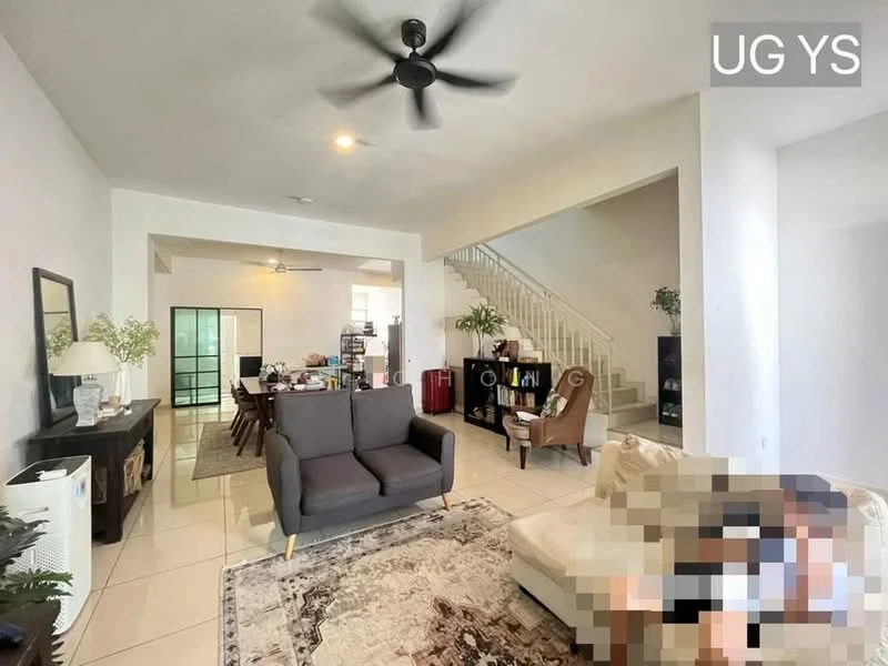 Living features: 5-blade ceiling fan with light, cream painted walls, white tiled flooring, area rug with geometric pattern, 2-seater fabric sofa in beige, 3-seater fabric sofa in grey, coffee table, wall-mounted TV, decorative plants in ceramic pots, open layout to dining area, staircase with white railing, large windows for natural light; style: modern. Dining features: dining table, chairs, open layout to living area; style: modern.