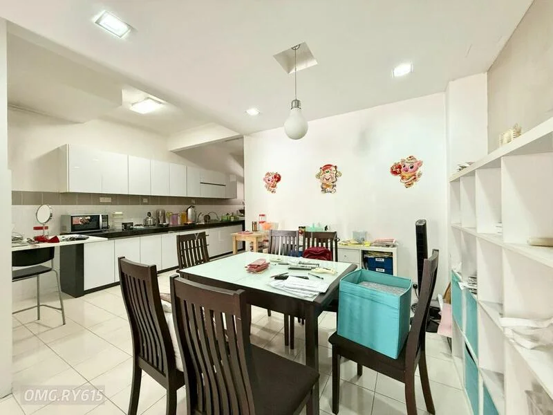Dining features: white cabinetry, grey tiled backsplash, stainless-steel sink, chrome pull-down faucet, 4-burner gas hob, built-in oven, microwave, dining table with 6 chairs, pendant light, wall-mounted shelves, white walls, recessed downlights, tile flooring; style: modern. Kitchen features: white cabinetry, grey tiled backsplash, stainless-steel sink, chrome pull-down faucet, 4-burner gas hob, built-in oven, microwave, tile flooring; style: modern.