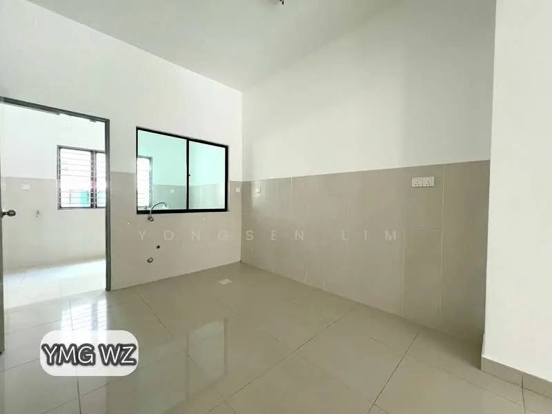 Room features: white painted walls, light grey tiled flooring, single window with black frame, door leading to another room, plumbing fixtures visible on wall.