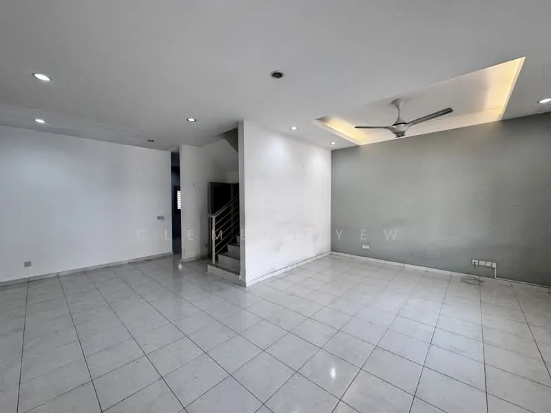 Living features: white painted walls, grey accent wall, polished ceramic tile flooring, recessed downlights, 5-blade ceiling fan, open layout, staircase leading to upper floor, no visible furniture; style: modern.