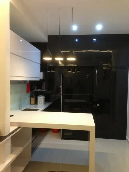 Kitchen features: white high-gloss cabinetry, black backsplash, white countertop, single-bowl stainless-steel sink, chrome pull-down faucet, built-in refrigerator, recessed LED downlights, 3 pendant lights, open shelving, tile flooring; style: modern.