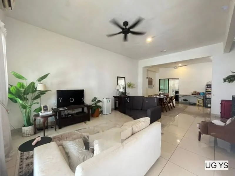 Living features: cream painted walls, white ceiling, 5-blade ceiling fan, floor-to-ceiling windows, light-colored tiled flooring, sofa in light fabric, coffee table, TV console, wall-mounted TV, decorative houseplants, area rug, open layout to dining area; style: modern. Dining features: dining table with chairs, light-colored flooring, open layout to living area, natural light from windows; style: modern.
