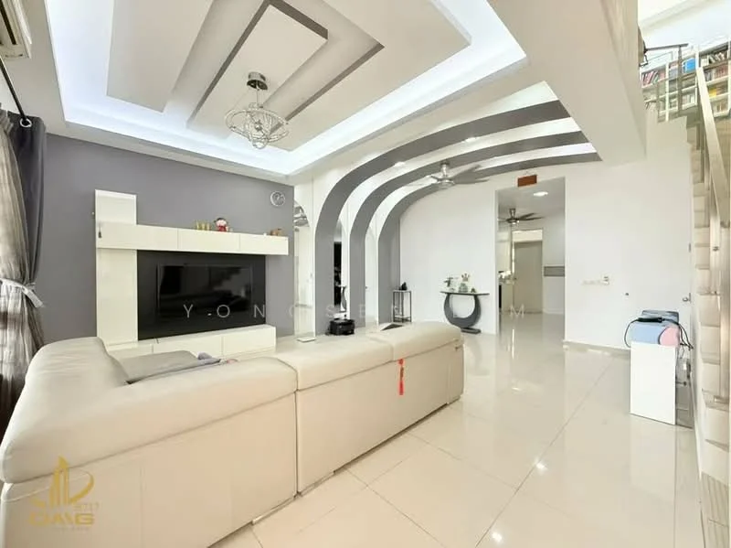 Living features: cream leather sectional sofa, white glossy TV console, wall-mounted TV, recessed ceiling with LED lighting, chandelier, large windows with sheer curtains, polished ceramic tile flooring, decorative wall with arches, ceiling fan, wall clock, open layout to adjacent room; style: modern.