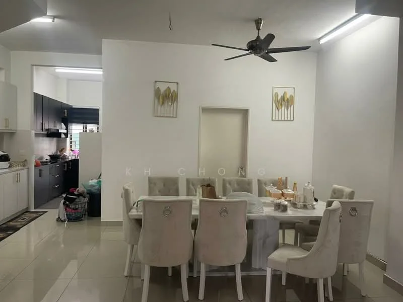 Dining features: 6-seater dining table, upholstered dining chairs, white painted walls, polished floor tiles, 5-blade ceiling fan with light, decorative wall art, open layout to kitchen, natural light from windows; style: modern. Kitchen features: black cabinetry, stainless-steel appliances, kitchen island, open layout to dining area; style: modern.