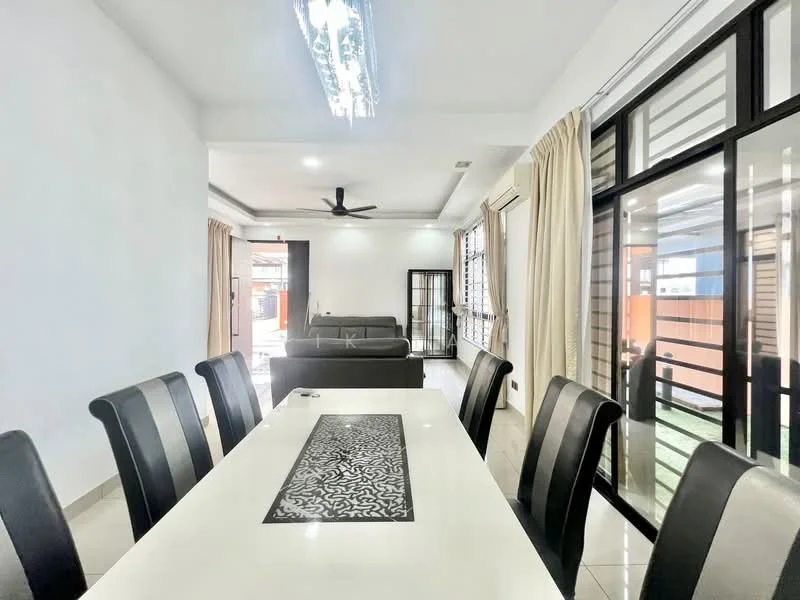 Dining features: white dining table, black upholstered dining chairs, chandelier with LED lights, cream painted walls, sliding glass door, floor-to-ceiling windows, light-colored tiled flooring, ceiling fan; style: modern; view: garden. Living features: grey fabric sofa, coffee table, cream curtains, light-colored tiled flooring; style: modern; view: garden.