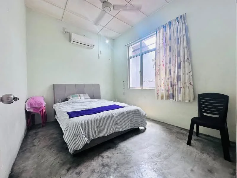 Bedroom features: queen-size bed, upholstered headboard, striped bedding, 1 wall-mounted split AC, floor-to-ceiling window, sheer curtains, concrete flooring, ceiling fan, decorative wall, black plastic chair, pink chair, light green painted walls; style: minimalist.