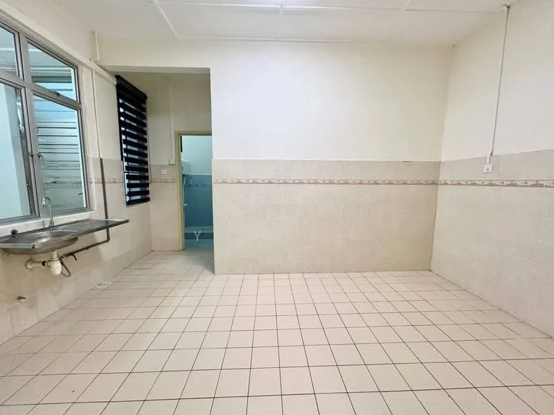 Room features: white painted walls, cream tiled flooring, single-bowl stainless-steel sink, window with horizontal blinds, tile backsplash, light fixture on ceiling, open layout, neutral color scheme; style: modern.