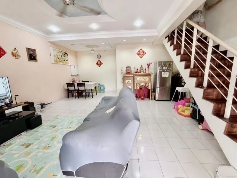 Living features: white painted walls, glossy white tile flooring, tray ceiling with ceiling fan, 3-seater fabric sofa in grey, TV console, wall-mounted TV, area rug with cartoon pattern, dining table with chairs, refrigerator, staircase with wooden railing, decorative wall art, open layout, natural light from windows; style: modern.
