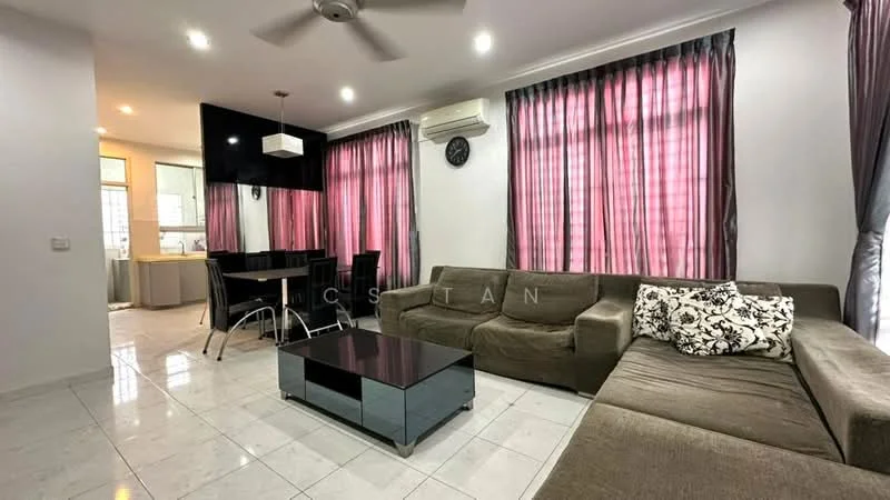 Living features: 3-seater fabric sofa in grey, L-shape sectional in beige, coffee table with glass top, wall-mounted TV, ceiling fan, recessed downlights, white painted walls, marble tile flooring, floor-to-ceiling windows with sheer curtains, decorative wall clock, area rug with geometric pattern; style: modern. Dining features: 4-seater dining table, black dining chairs, pendant lamp, white painted walls, marble tile flooring; style: modern. Kitchen features: kitchen island, white cabinetry, stainless-steel appliances, granite countertop, ceramic tile backsplash; style: modern.