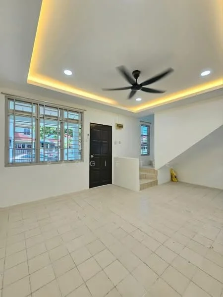 Living features: white painted walls, ceiling with recessed lighting, 5-blade ceiling fan, tiled flooring, large windows with grid pattern, main entrance door, staircase leading to upper floor, yellow object on floor; style: modern.