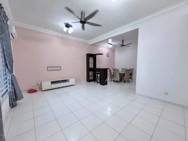 Living features: white painted walls, cream accent wall, white tiled flooring, 5-blade ceiling fan with light, 2 ceiling fans, wall-mounted TV console, dining table with chairs, window with sheer curtains, recessed lighting; style: modern.